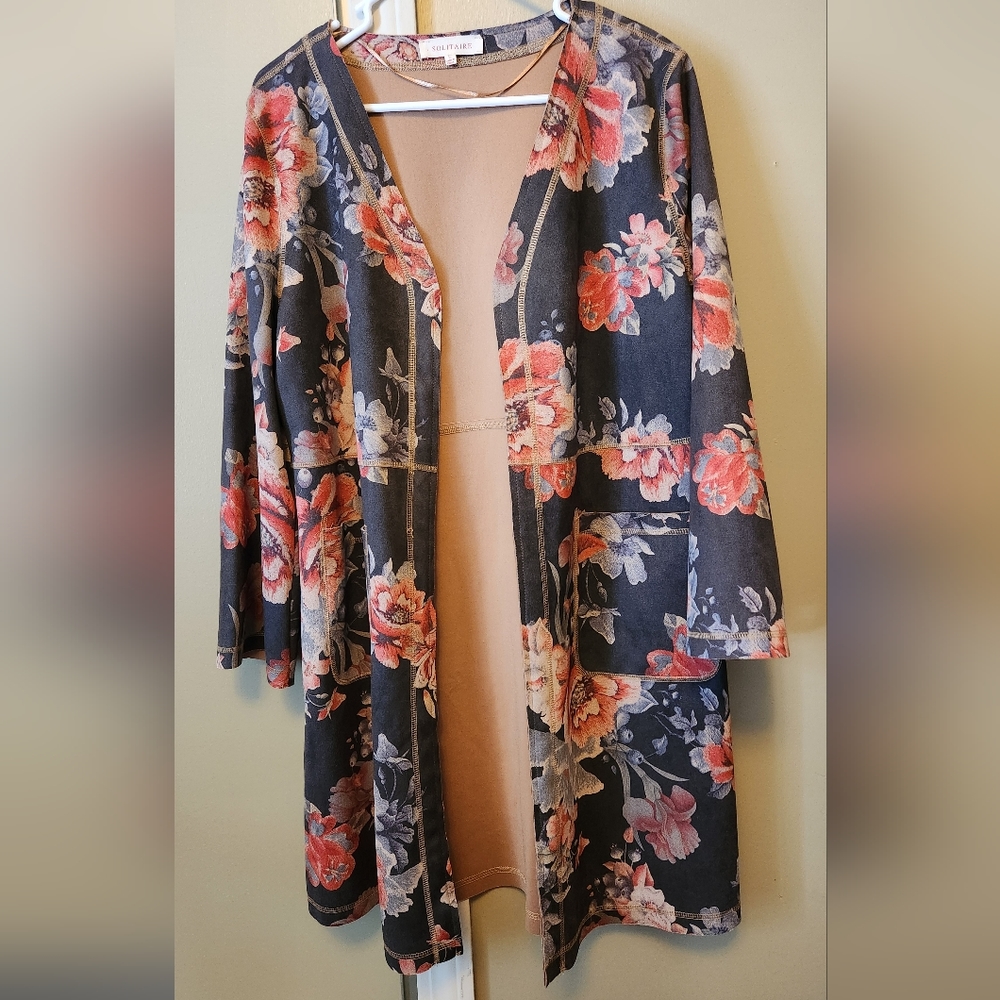 Solitaire - Women's Size Large Open Duster Cardigan - Floral Print